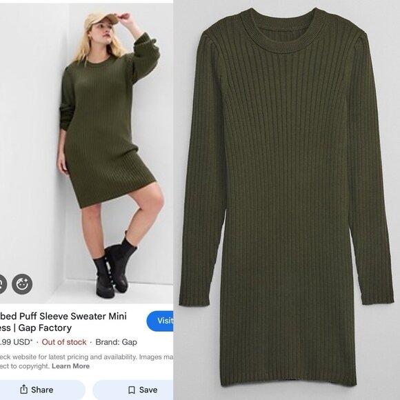 GAP Sweater Rib Knit Dress Size XL Puff Sleeve Mini Deep Depths Green 770378 - Picture 10 of 11